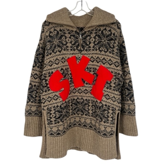 Free People Mt. Snow "SKI" Half Zip Collared Winter Knit Pullover Tunic Sweater - Picture 1 of 11